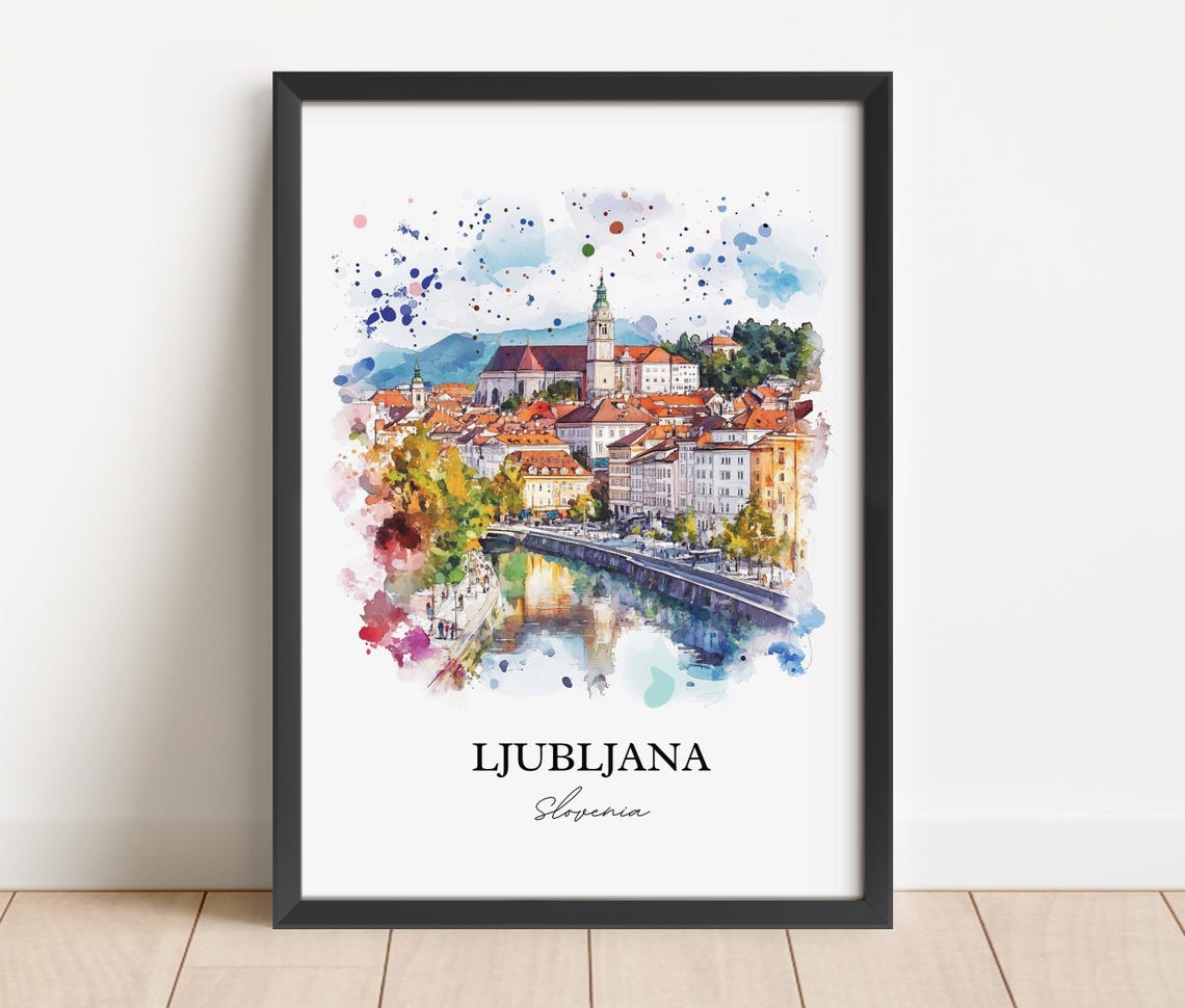 Ljubljana Slovenia Riverside Castle Old Town Watercolor Travel Poster - Image 5