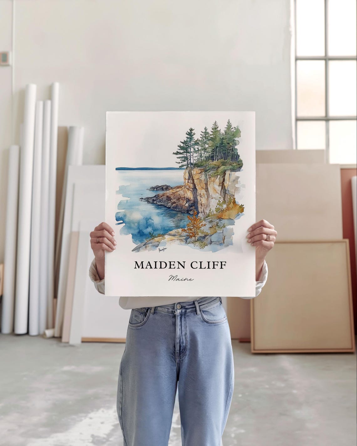 Maiden Cliff Maine Coastal Rock Cliff Shoreline Watercolor Poster - Image 4