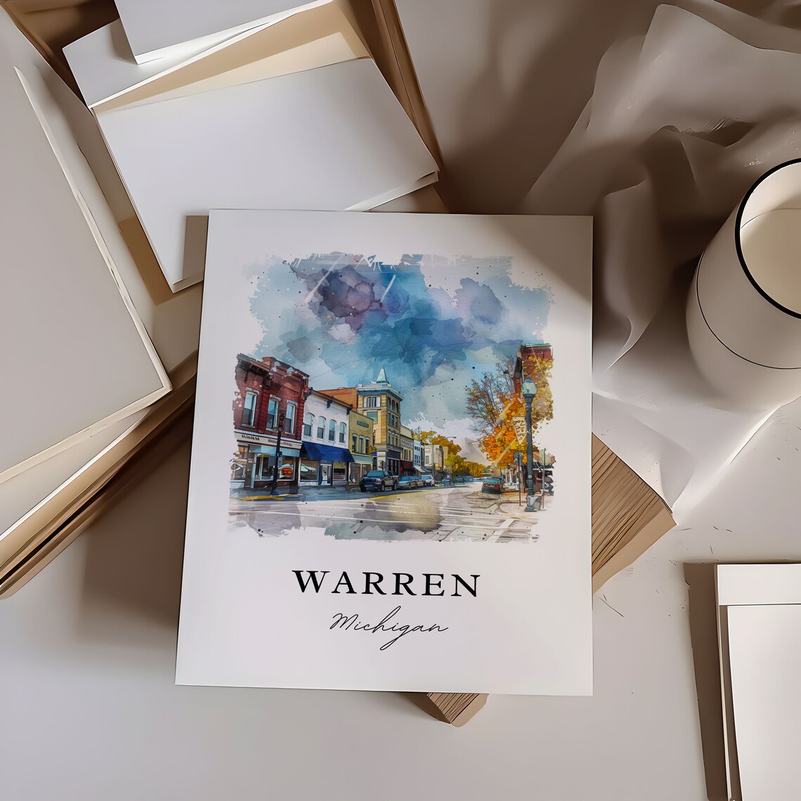 Warren Michigan Watercolor Downtown Street Autumn Trees Poster - Image 6
