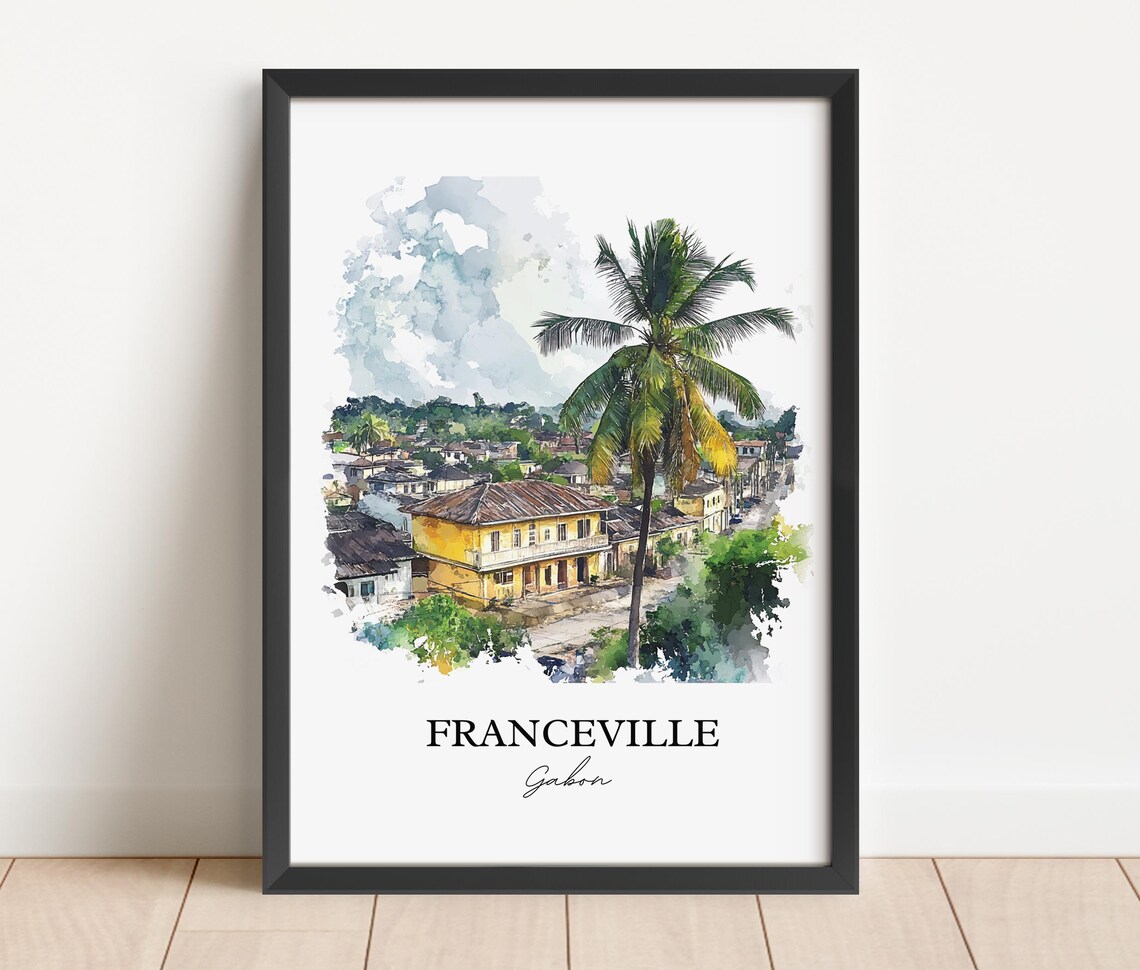 Franceville Gabon African Watercolor Town Palm Tree Art Poster - Image 5