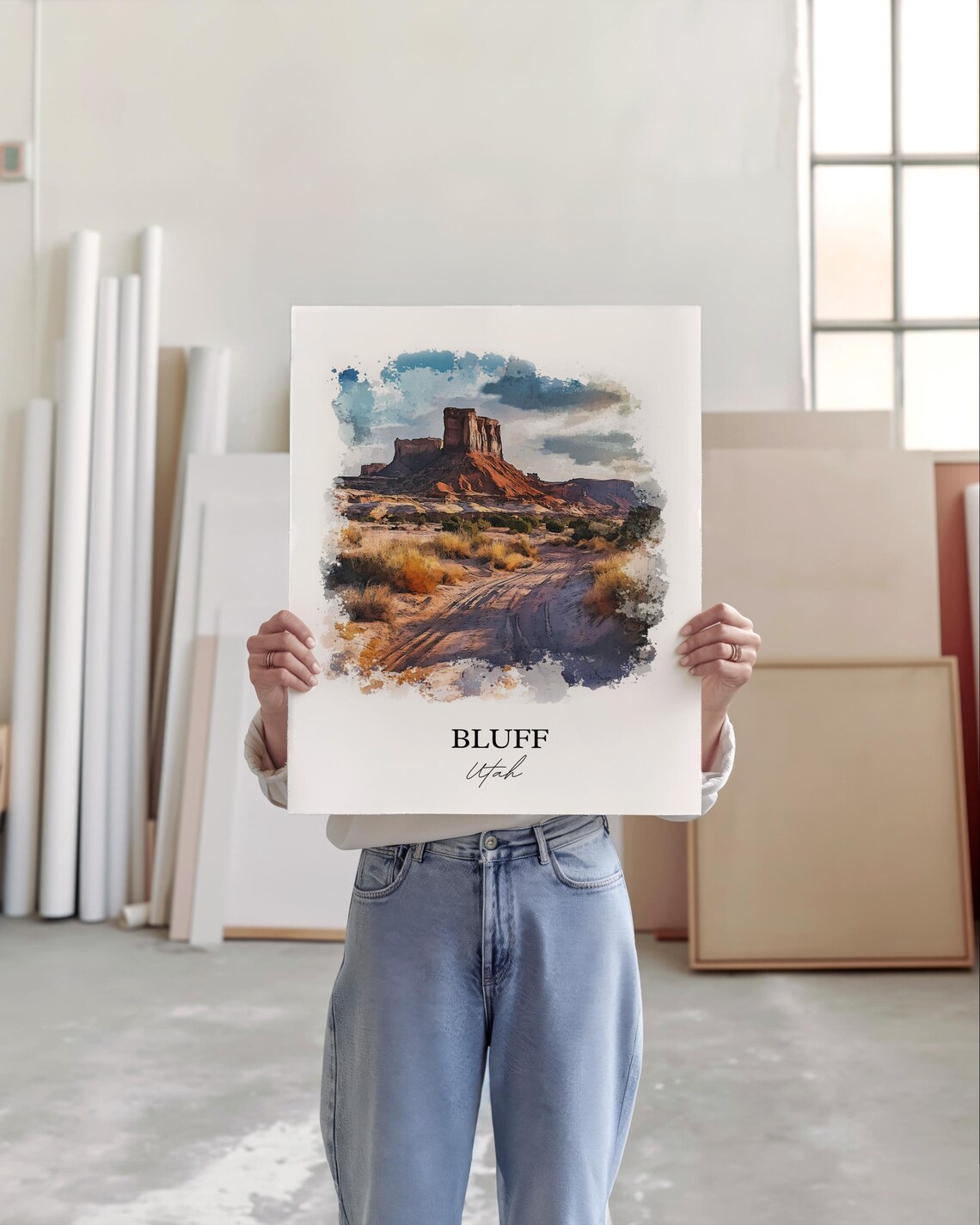 Bluff Utah Red Rock Desert Butte Landscape Watercolor Travel Poster - Image 3