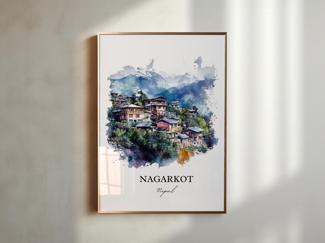 Nagarkot Nepal Watercolor Hill Village Snow Peaks Travel Poster - Image 5