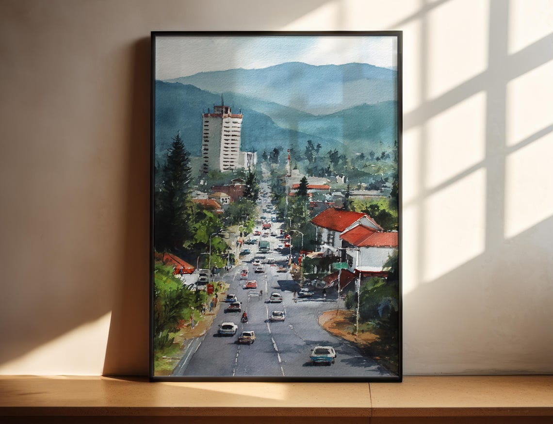 Mountain Town Street Watercolor Busy Road Blue Peaks Landscape Poster