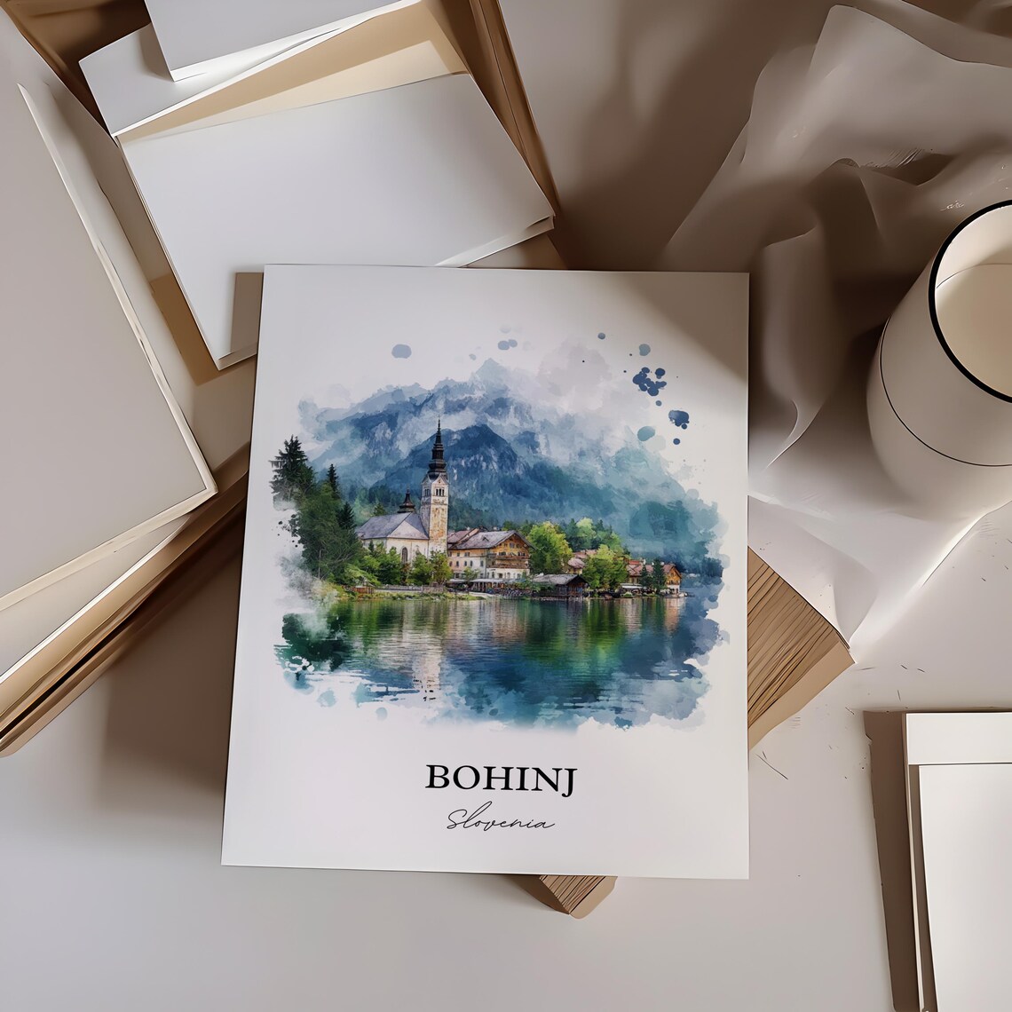 Bohinj Slovenia Watercolor Lake Church Alpine Mountain Poster - Image 2