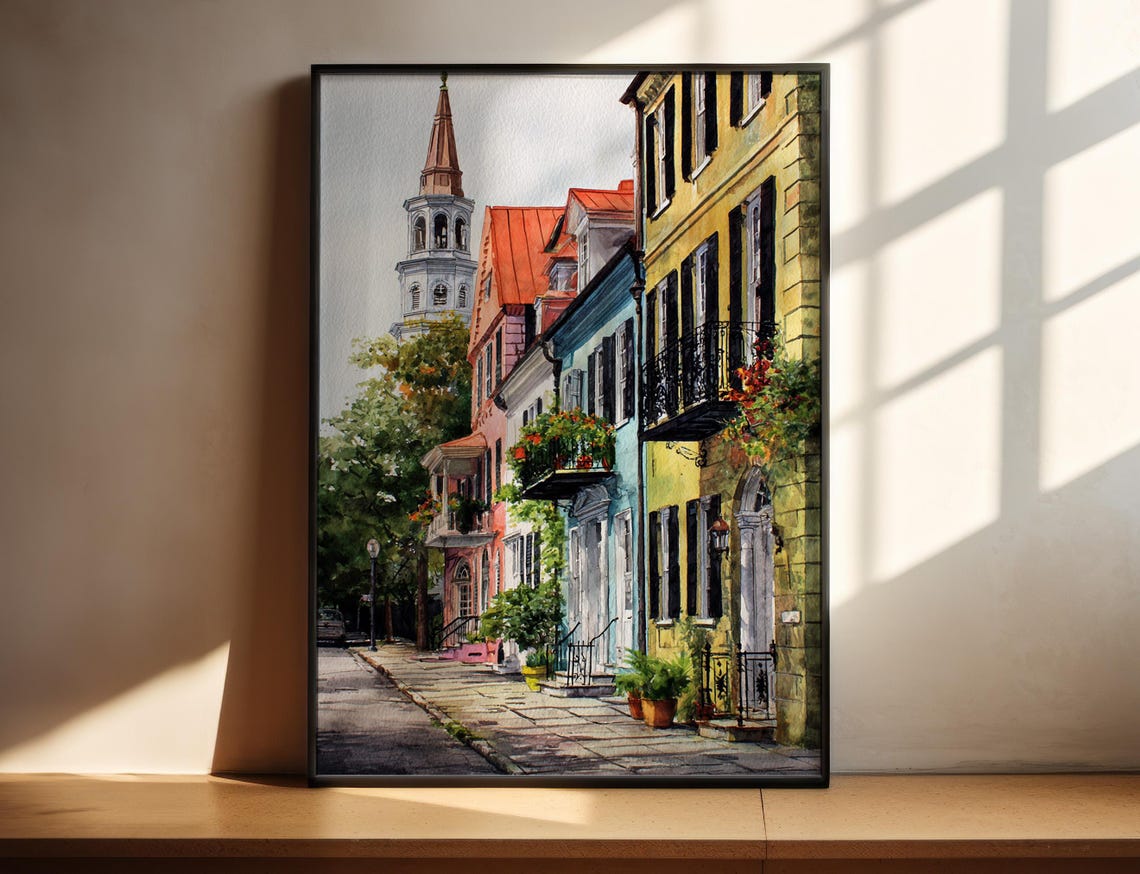 Charleston South Carolina Street Watercolor Poster Rainbow Row Houses