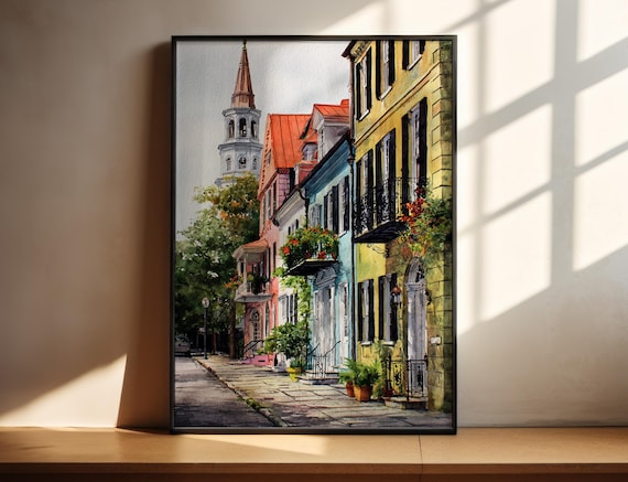 Charleston South Carolina Street Watercolor Poster Rainbow Row Houses