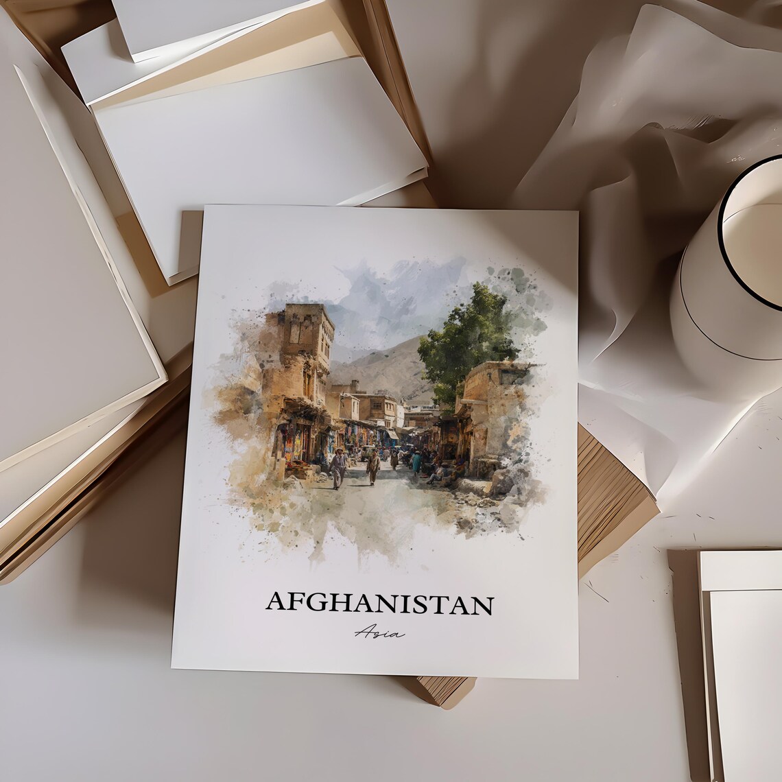 Afghanistan Asia Old Bazaar Mountain Street Watercolor Travel Poster - Image 2
