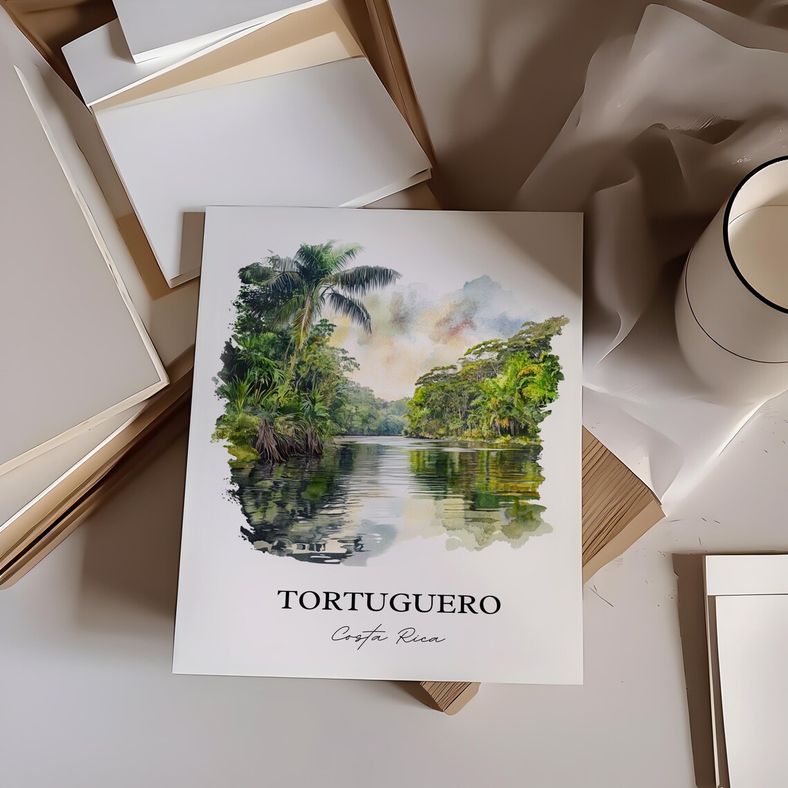 Tortuguero Costa Rica Jungle Canal Palm Reflections Watercolor Poster - Image 2
