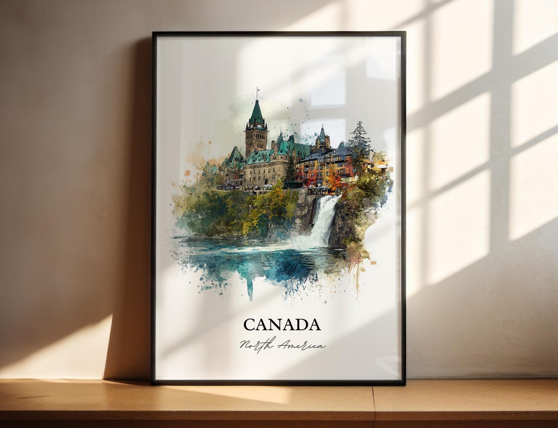 Canada Chateau Waterfall Scenic Watercolor Landmark Art Poster