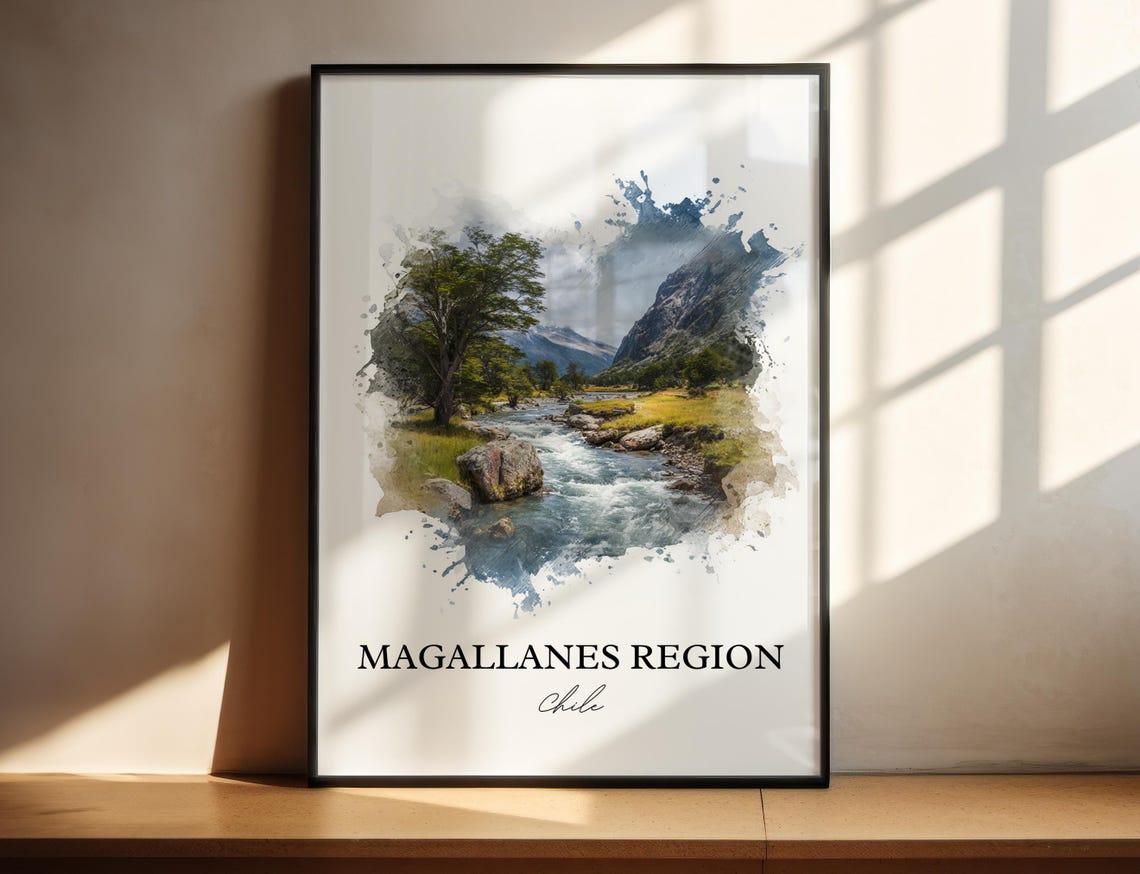 Magallanes Region Chile Watercolor River Valley Travel Poster