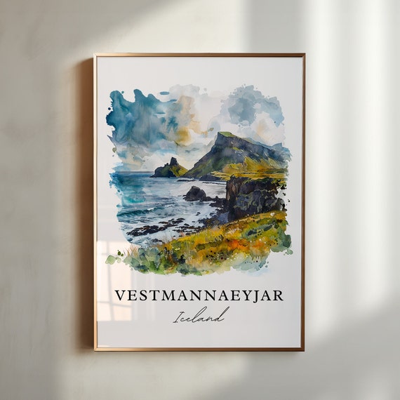 Vestmannaeyjar Iceland Watercolor Travel Poster