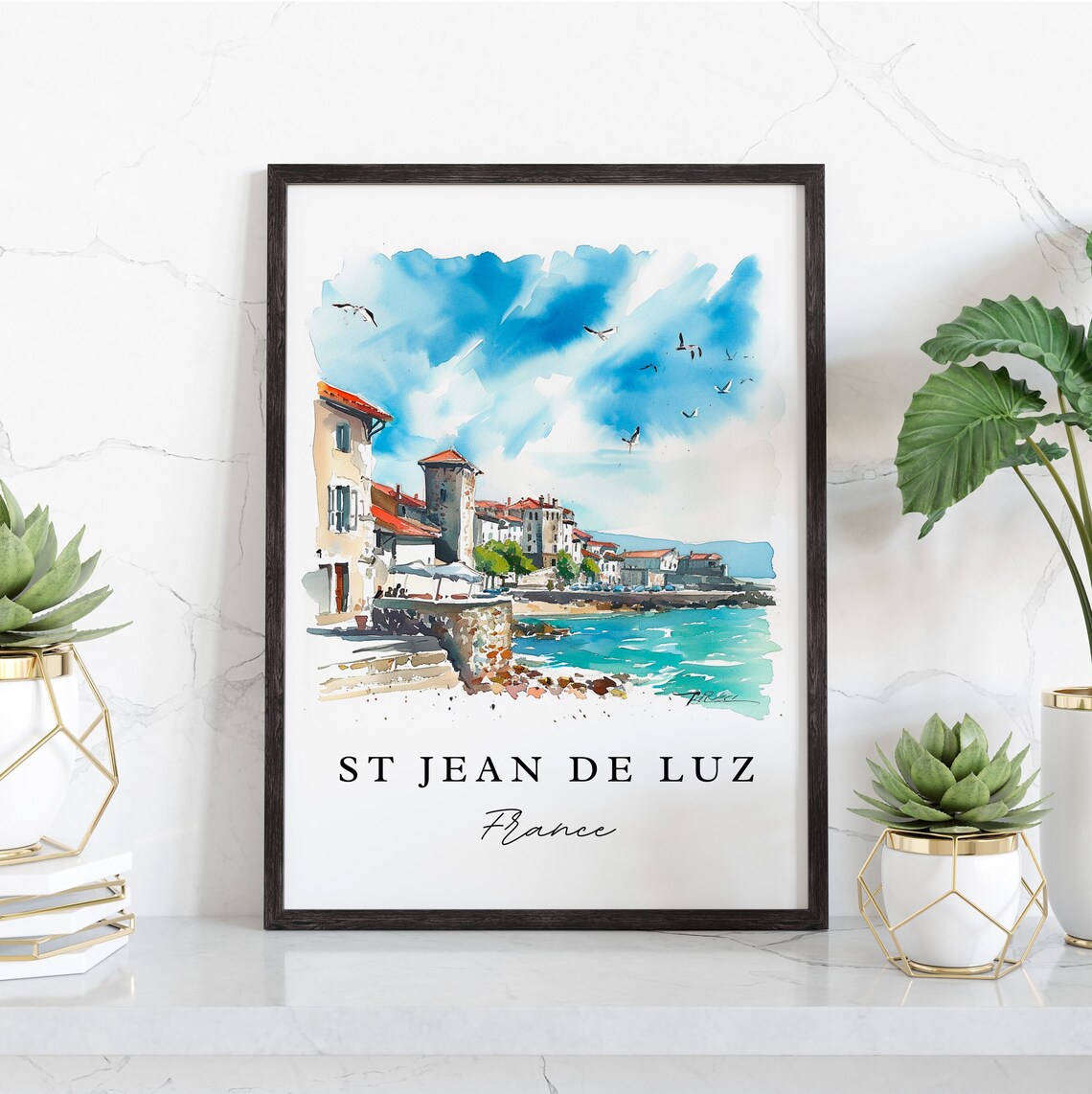 St Jean de Luz Coastal Harbor Town Watercolor France Travel Poster - Image 2