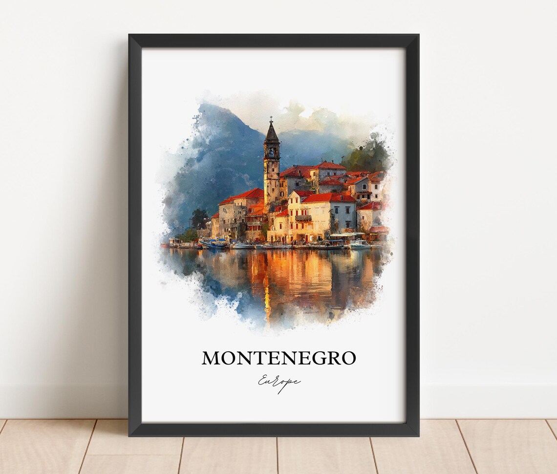 Montenegro Bay Town Red Roofs Watercolor Europe Travel Poster - Image 5