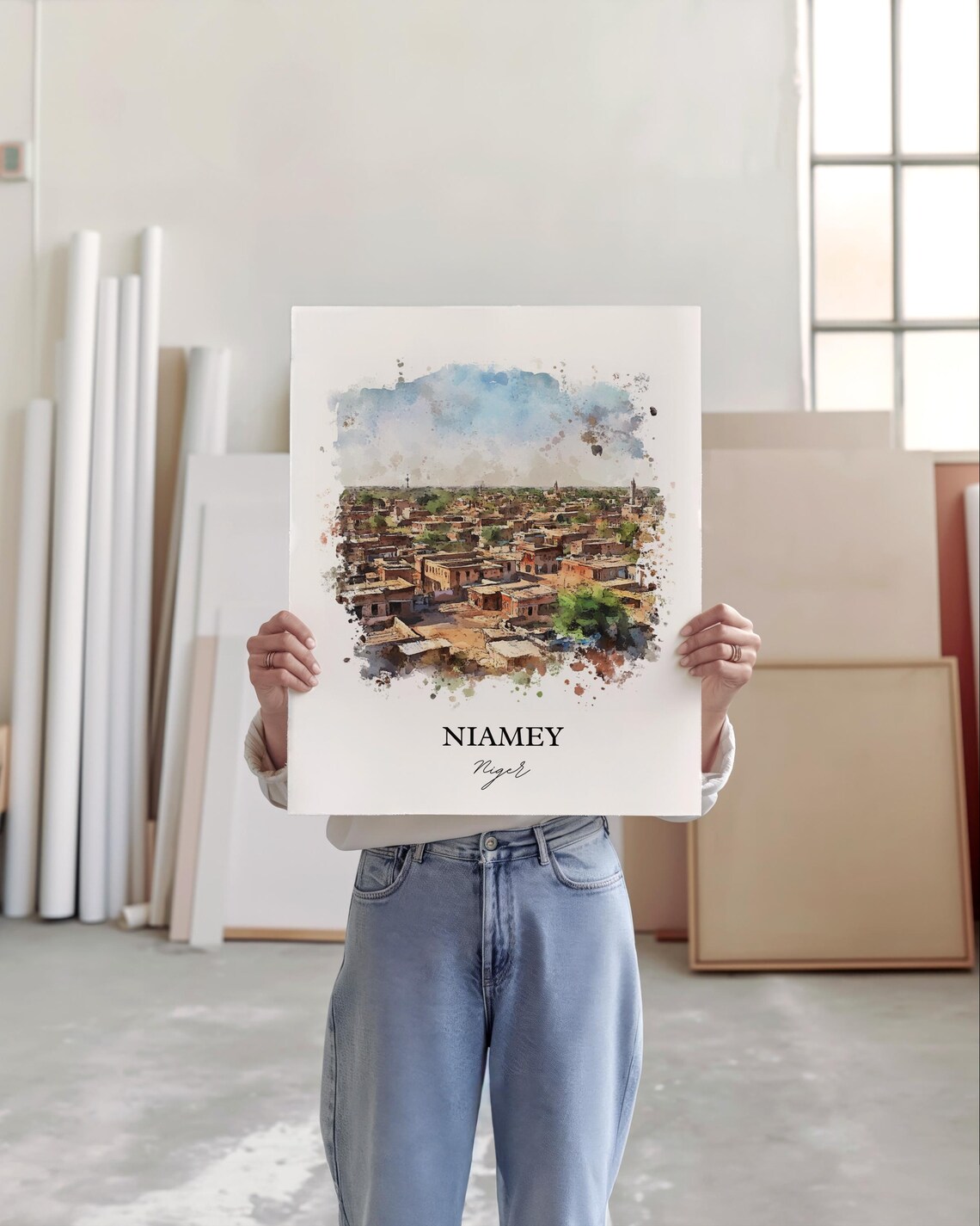 Niamey Niger Aerial Old Town Watercolor Cityscape Art Poster - Image 4
