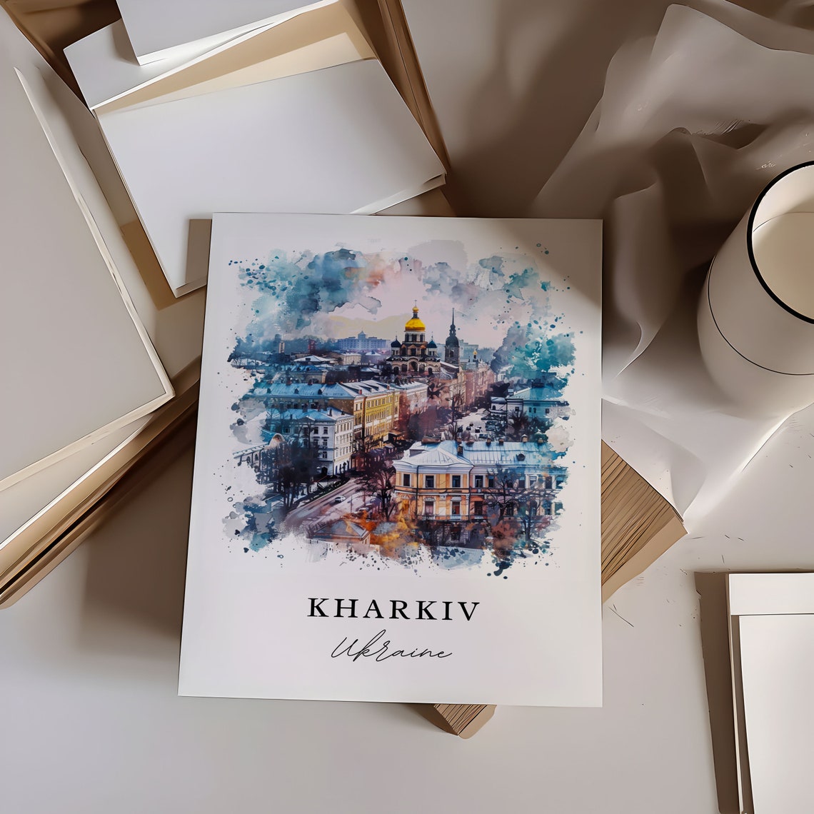 Kharkiv Ukraine Golden Dome Cathedral Watercolor Cityscape Poster - Image 6