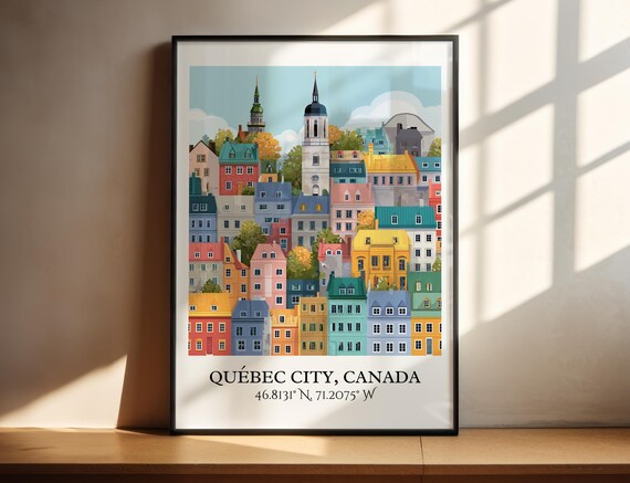 Quebec City Canada Old Town Church Towers Retro Travel Poster
