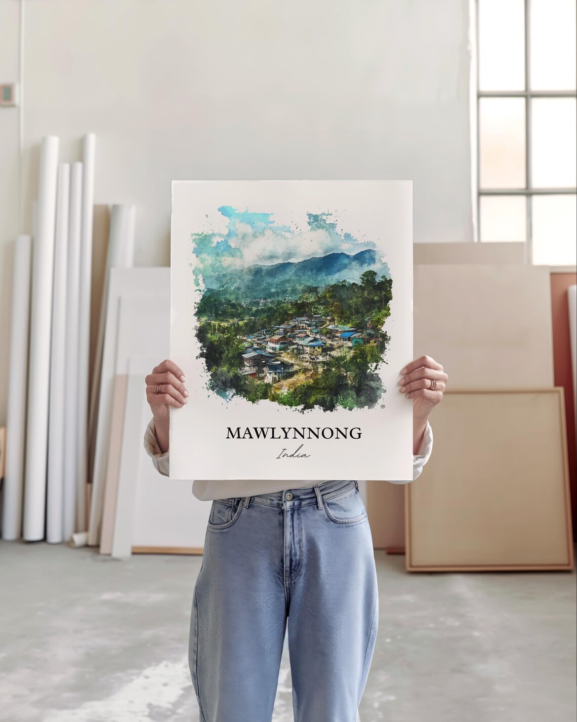 Mawlynnong India Watercolor Hillside Village Green Hills Poster - Image 4