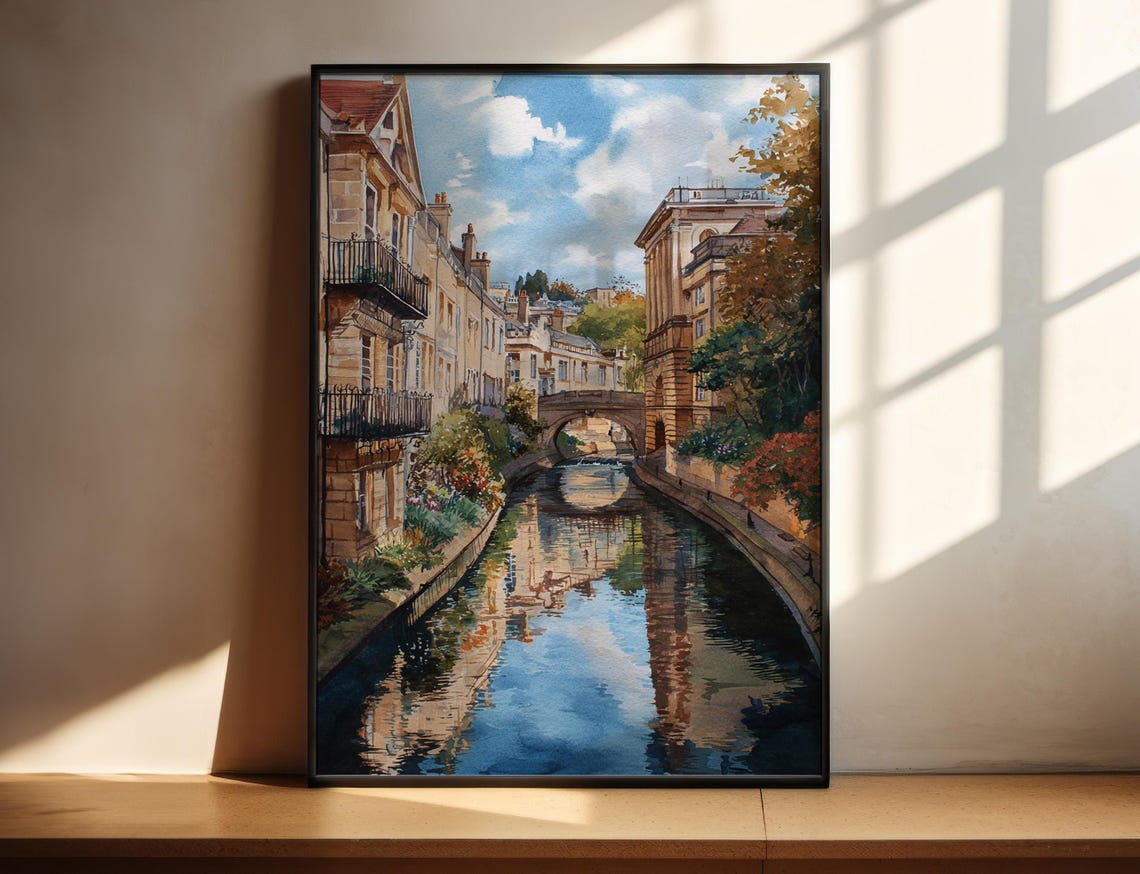 Bath England Honey Stone Canal Reflections Watercolor Travel Poster