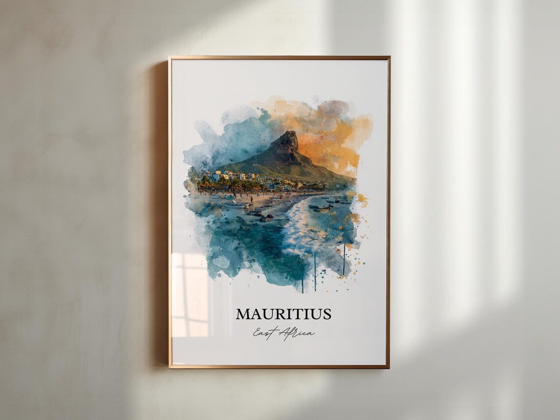 Mauritius East Africa Mountain Beach Coast Watercolor Travel Poster - Image 6