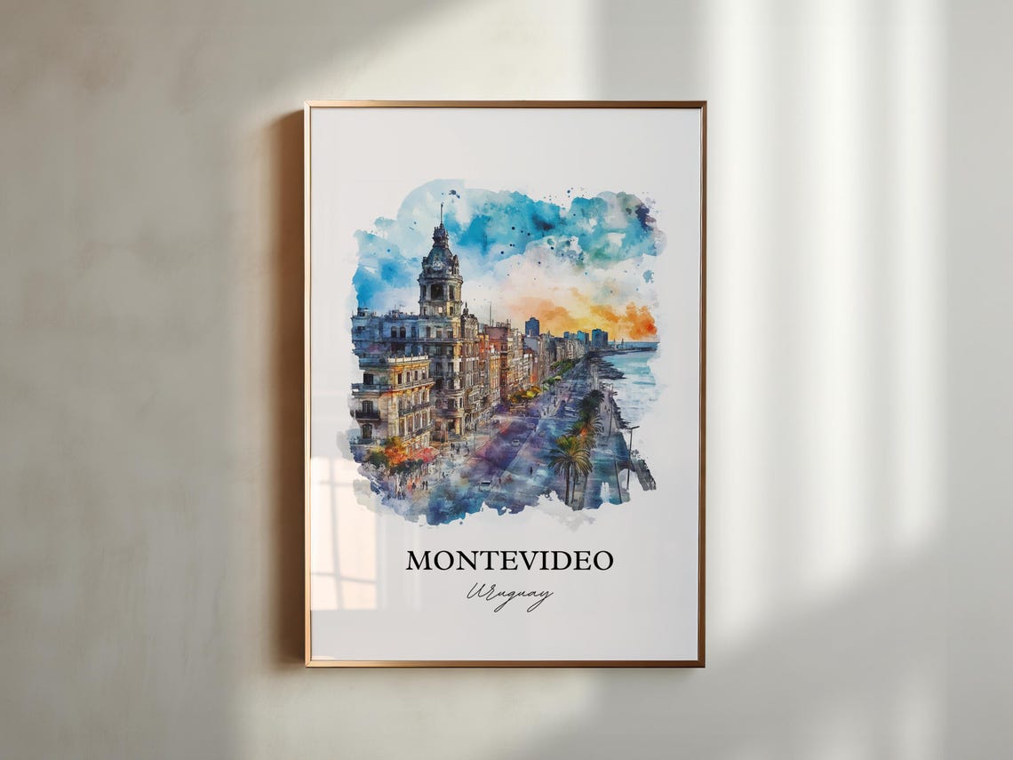 Montevideo Uruguay Rambla Sunset Seafront Watercolor Travel Poster - Image 2