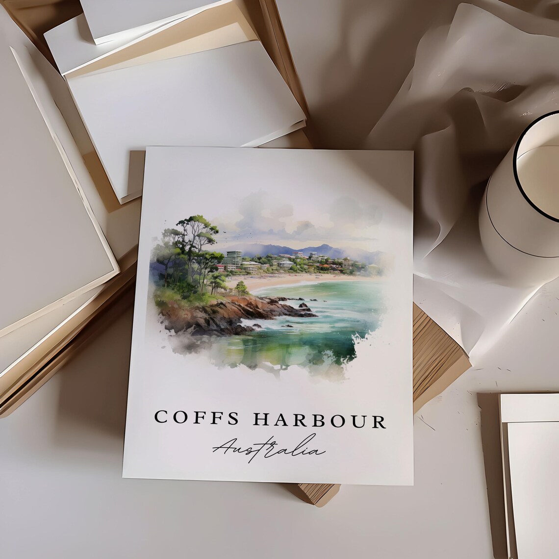 Coffs Harbour Australia Rocky Headland Beach Watercolor Poster - Image 6