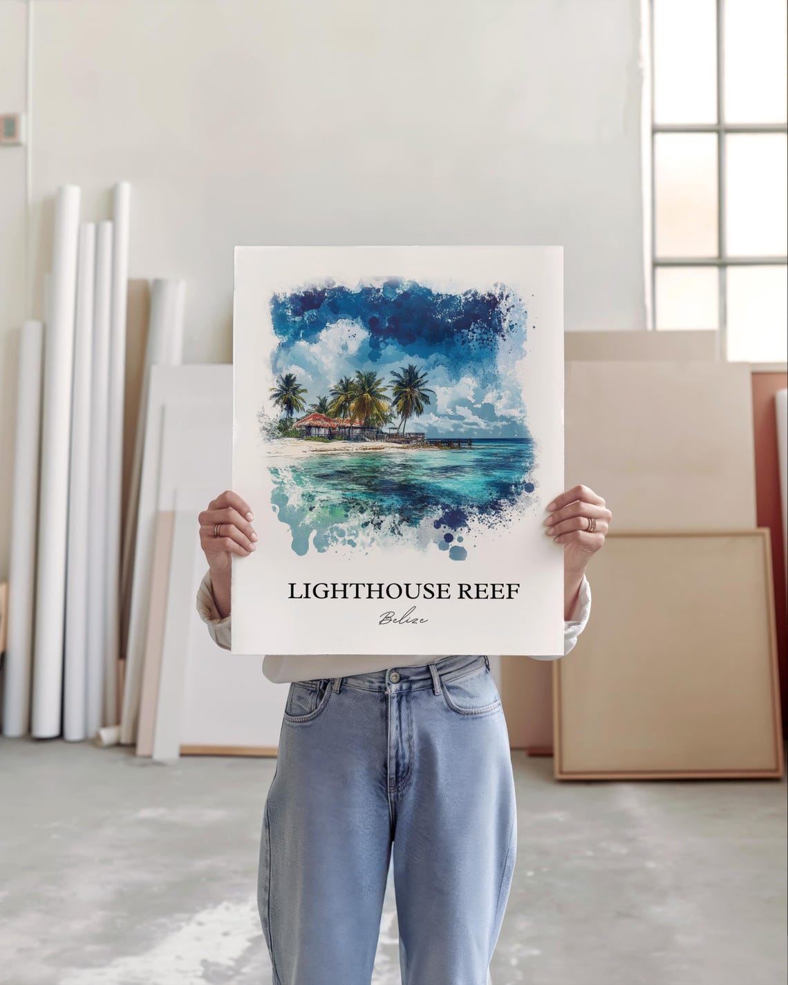 Lighthouse Reef Belize Tropical Island Watercolor Beach Scene Poster - Image 3