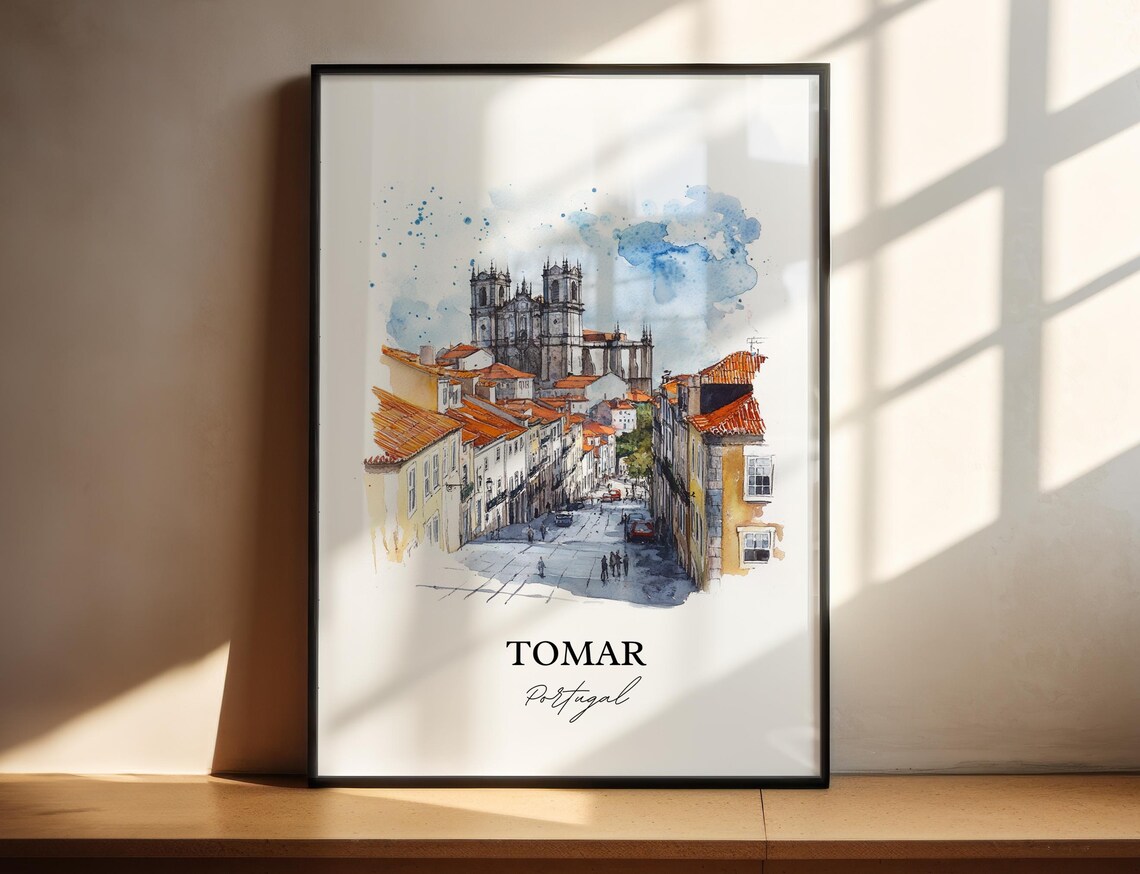 Tomar Portugal Watercolor Old Town Street Gothic Church Poster