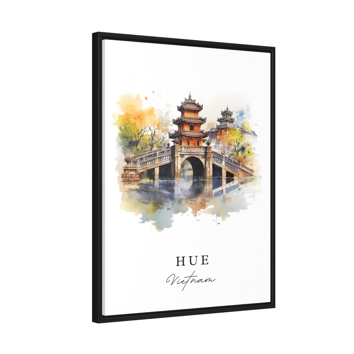 Hue Vietnam Watercolor Art Pagoda Bridge Imperial Old Town Poster - Image 2