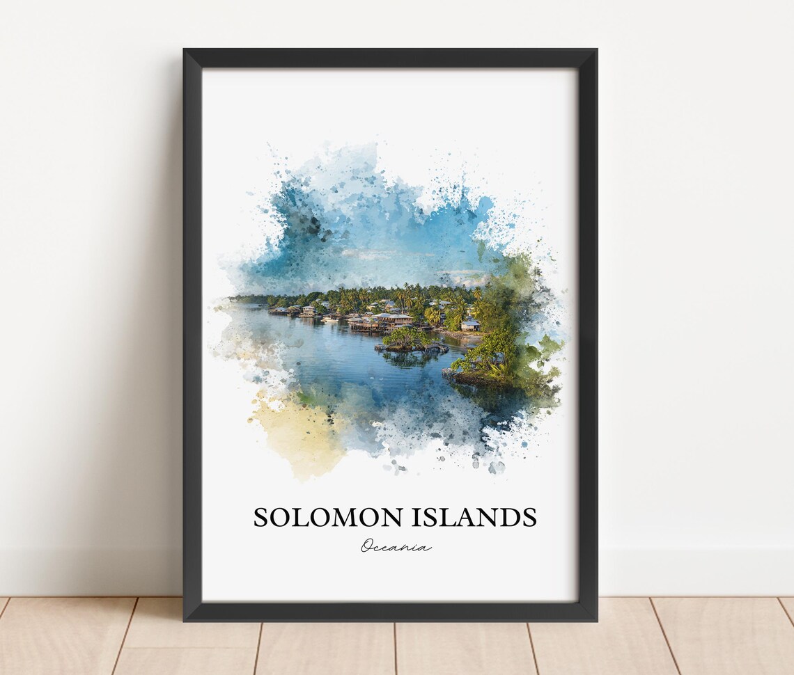 Solomon Islands Oceania Waterfront Village Watercolor Art Poster - Image 3