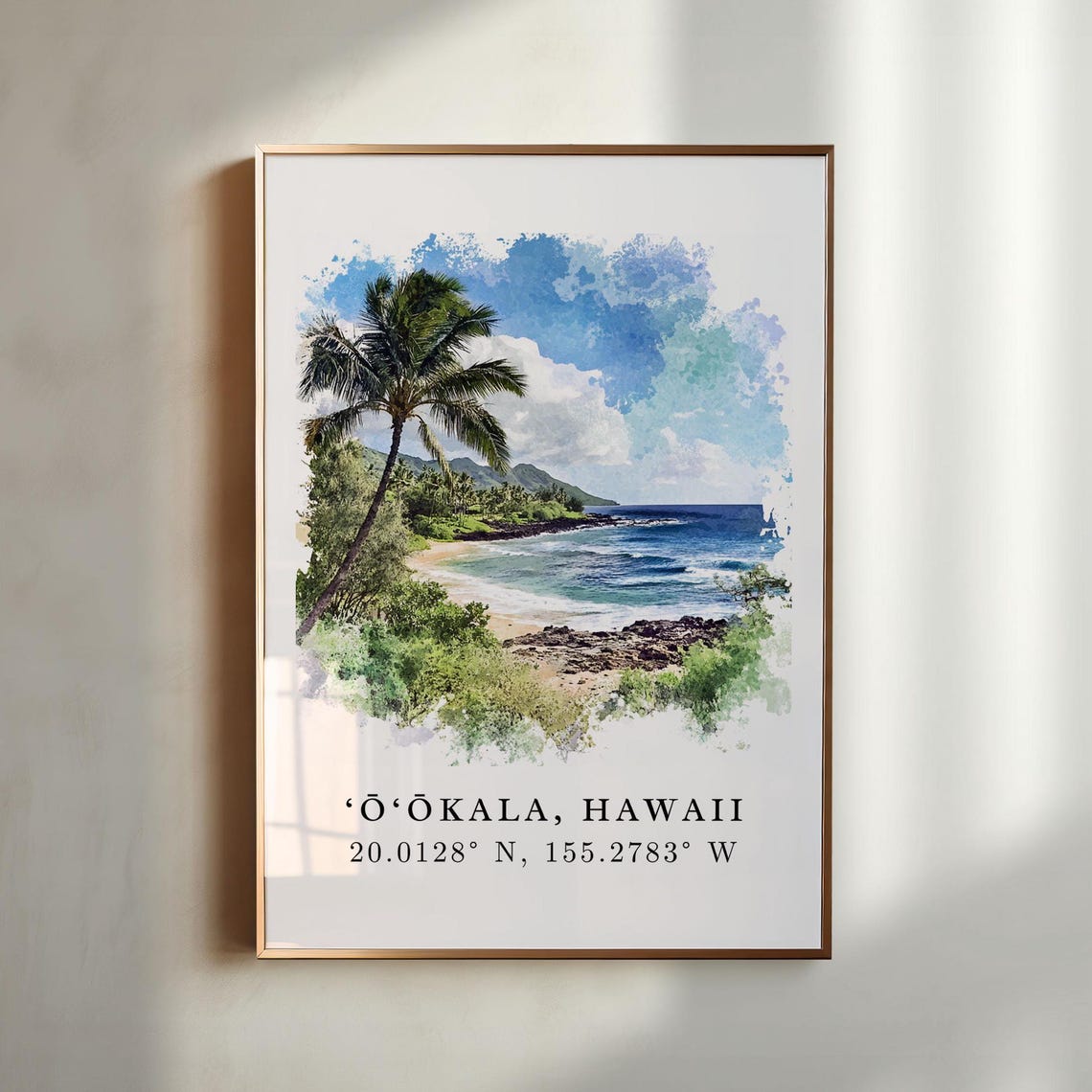 Ookala Hawaii Tropical Beach Watercolor Coordinates Travel Poster