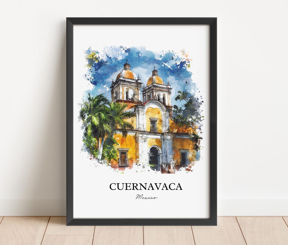 Cuernavaca Mexico Colonial Church Twin Domes Watercolor Poster - Image 2