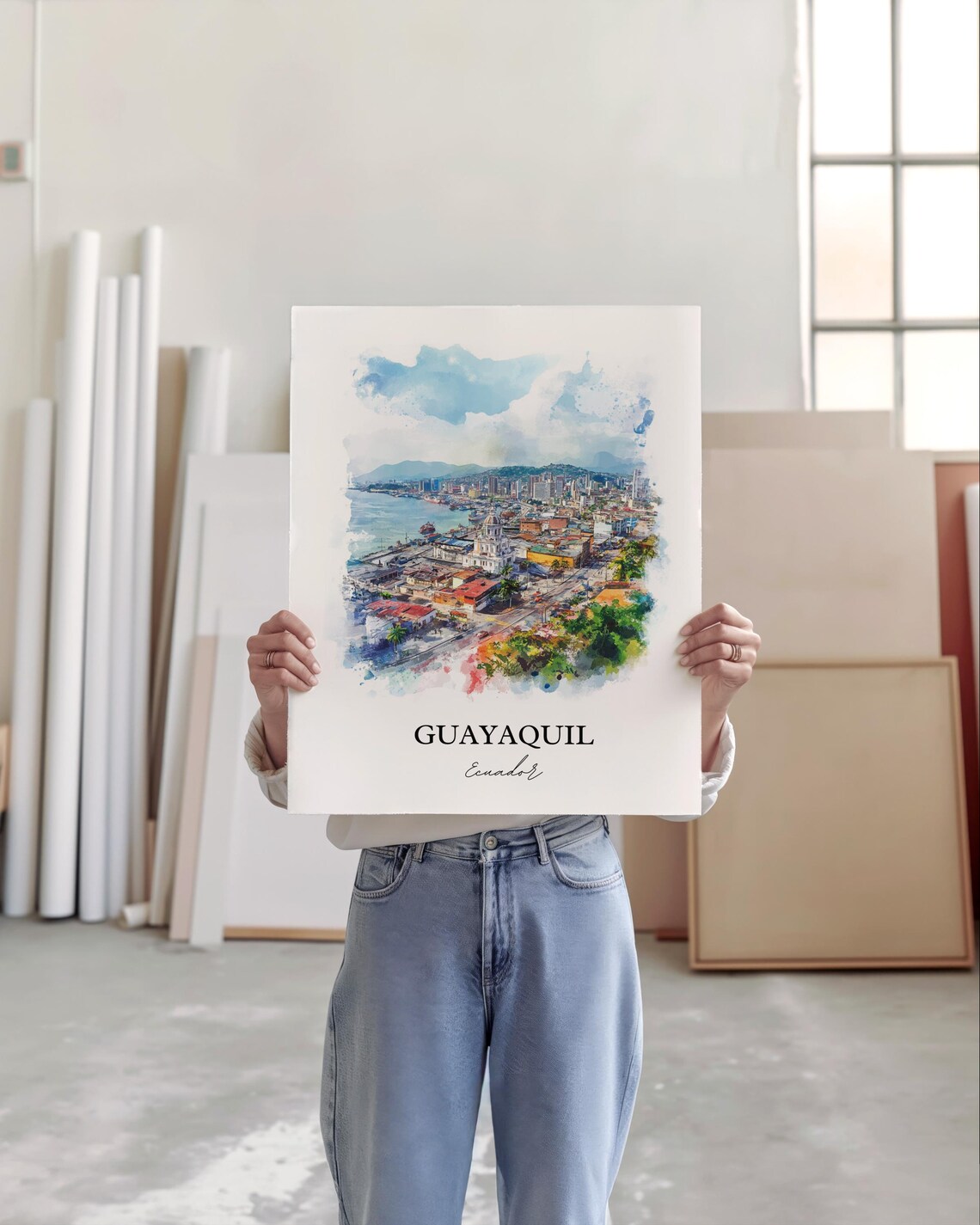 Guayaquil Ecuador Watercolor Harbor Cityscape River Travel Poster - Image 4