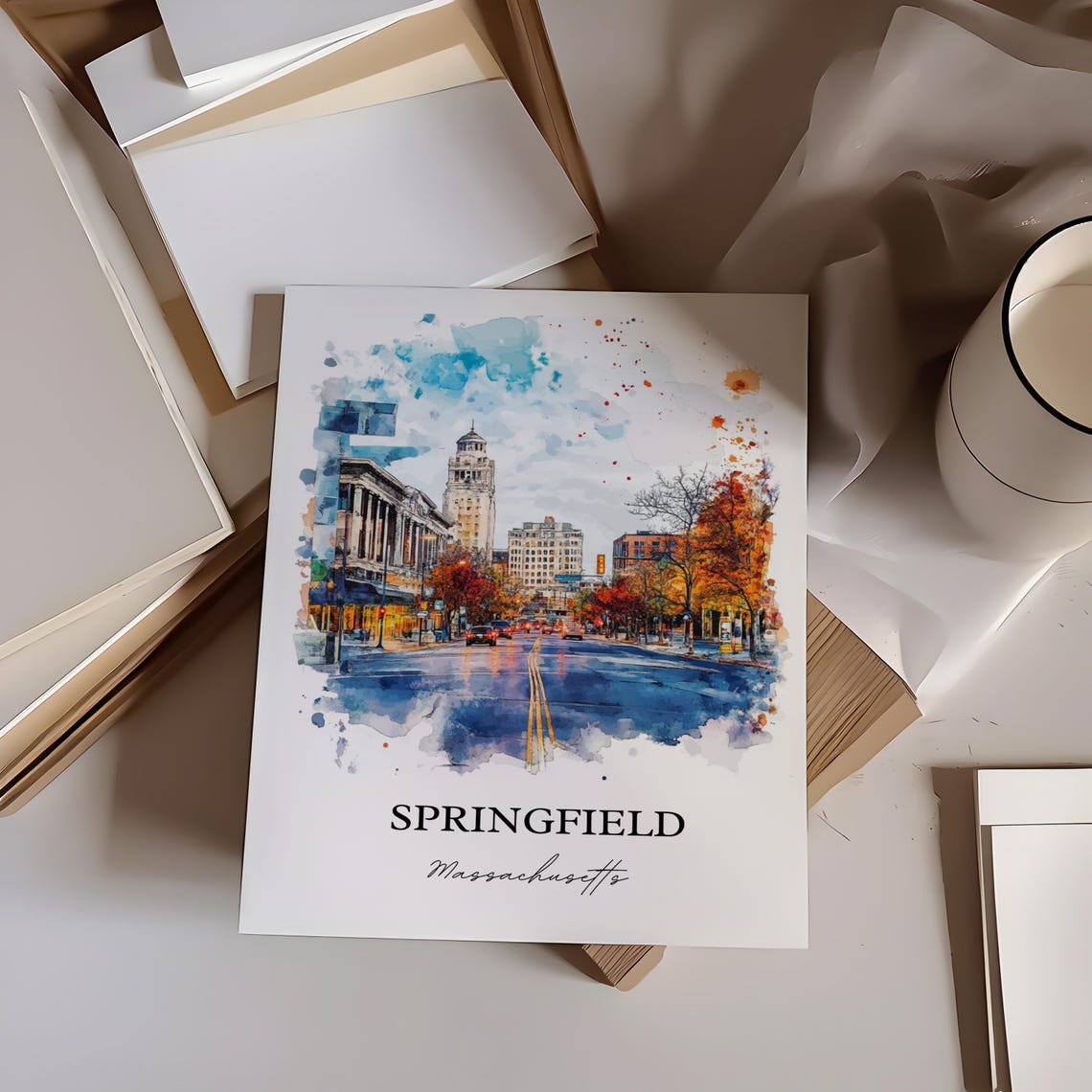 Springfield Massachusetts Watercolor Downtown Fall Scene Art Poster - Image 6