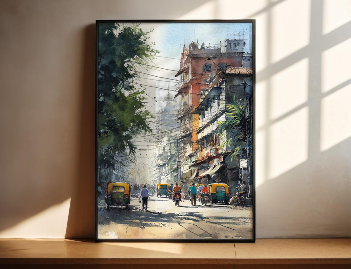 Bangalore India Watercolor Street Scene Cityscape Travel Poster
