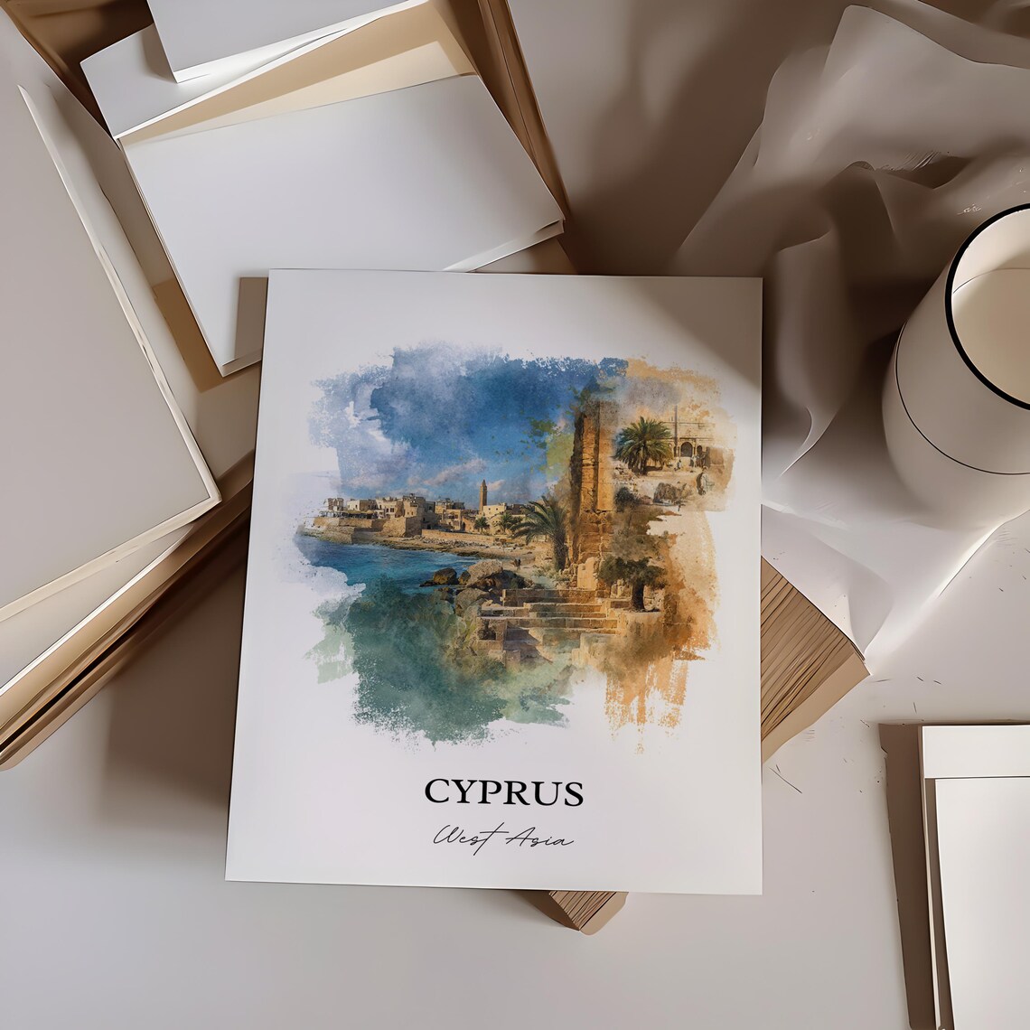 Cyprus Ancient Coastal Ruins Watercolor West Asia Travel Poster - Image 3