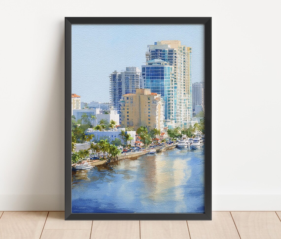 Fort Lauderdale Florida Skyline Watercolor Poster Marina and High Rises
