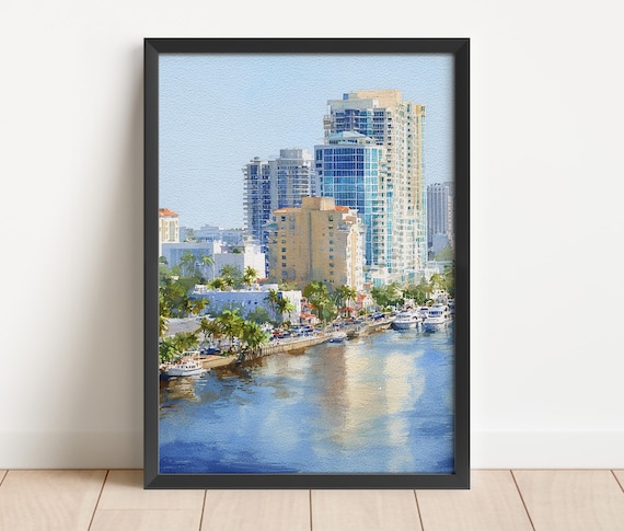 Fort Lauderdale Florida Skyline Watercolor Poster Marina and High Rises