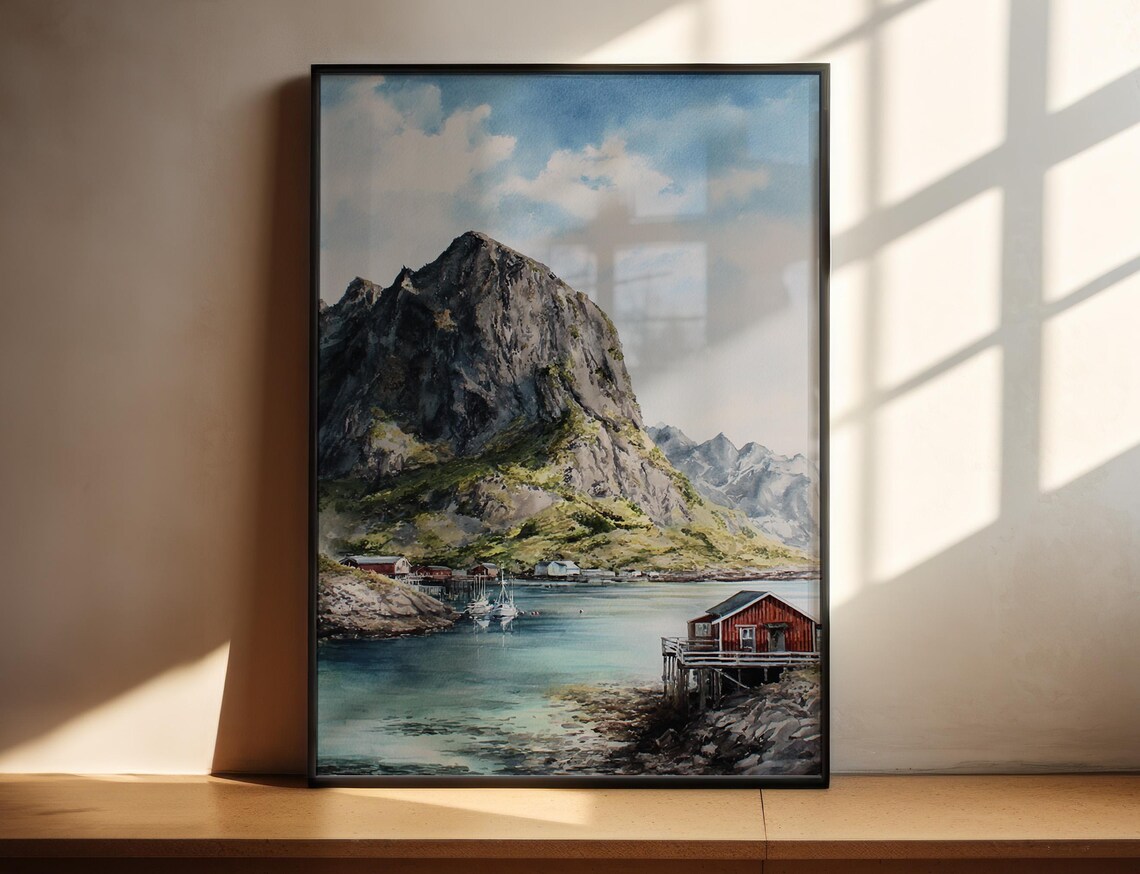 Mountain Fjord Red Cabin Boat Watercolor Nordic Scene Poster