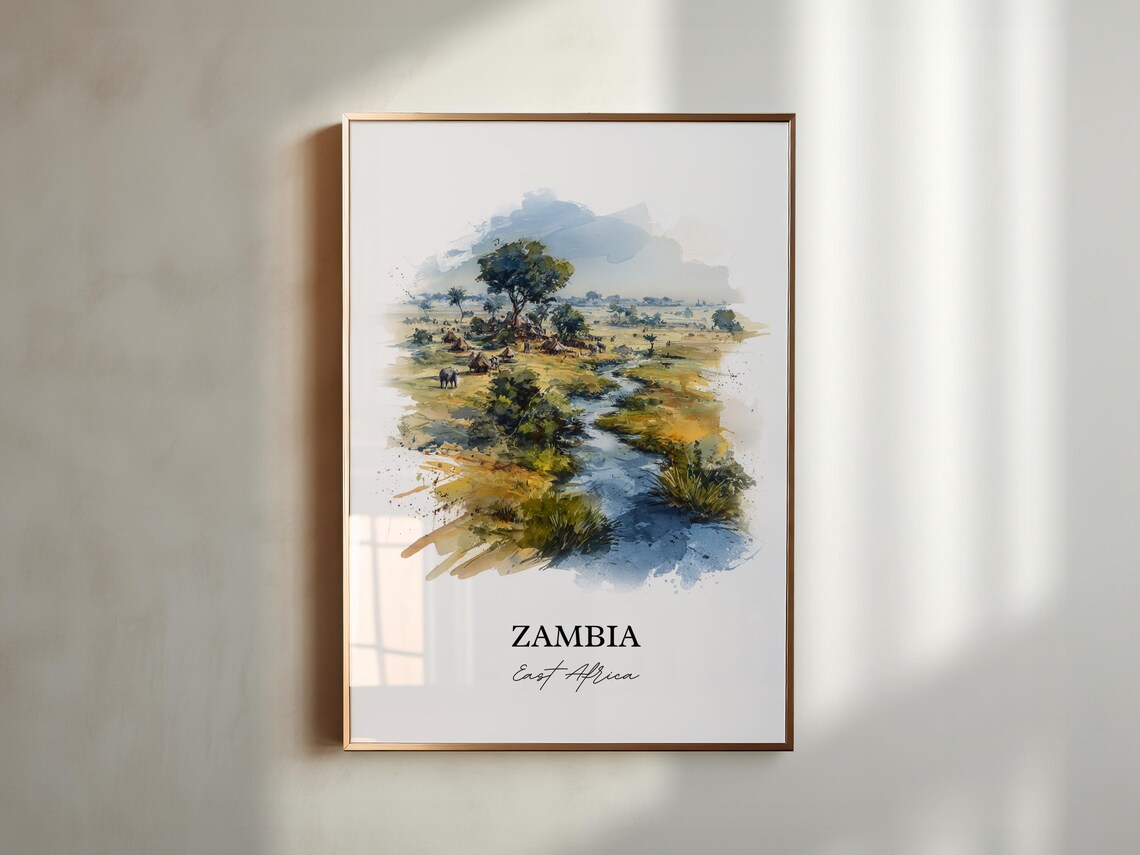 Zambia East Africa River Savanna Wildlife Watercolor Travel Poster - Image 3