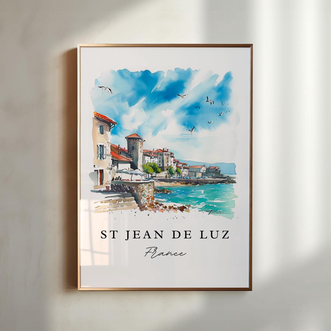 St Jean de Luz Coastal Harbor Town Watercolor France Travel Poster