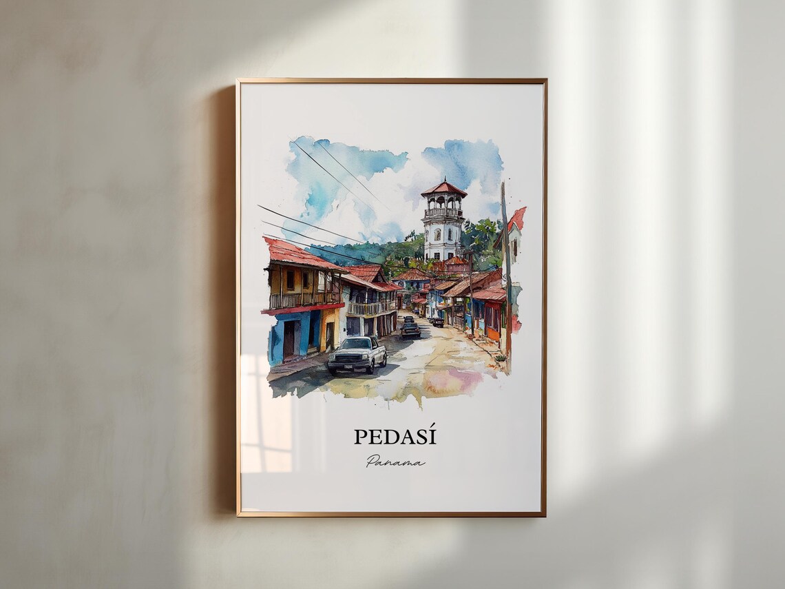 Pedasi Panama Colorful Street Bell Tower Colonial Watercolor Poster - Image 5