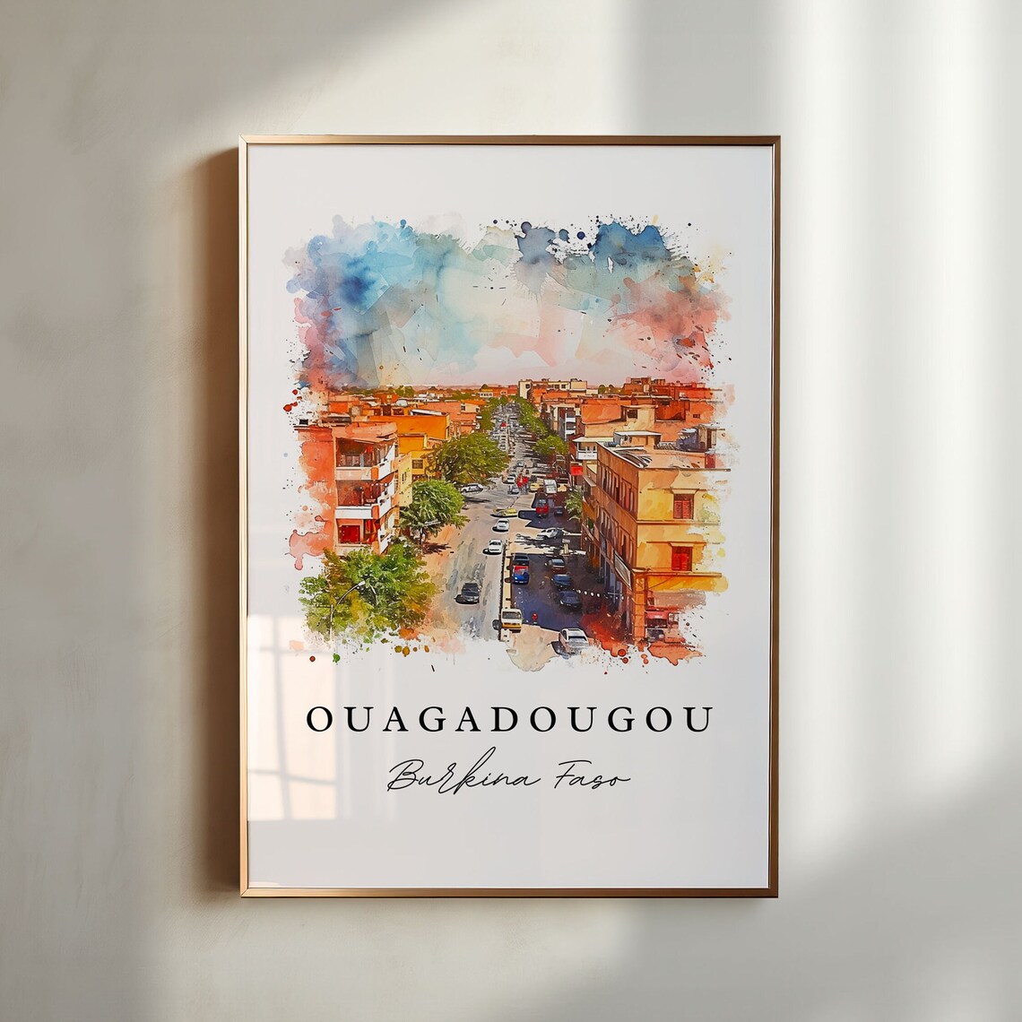 Ouagadougou Burkina Faso City Avenue Watercolor Travel Poster