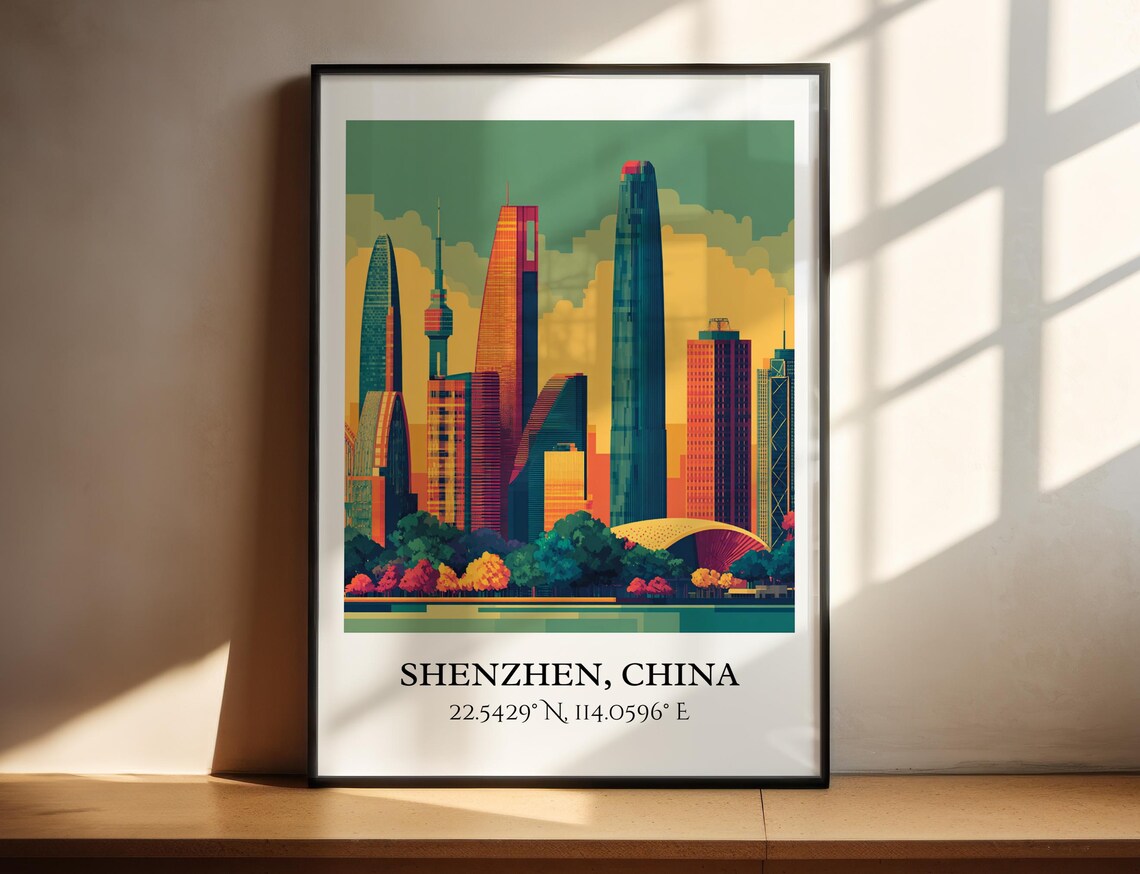 Shenzhen China Supertall Skyscrapers Skyline Retro Travel Art Poster