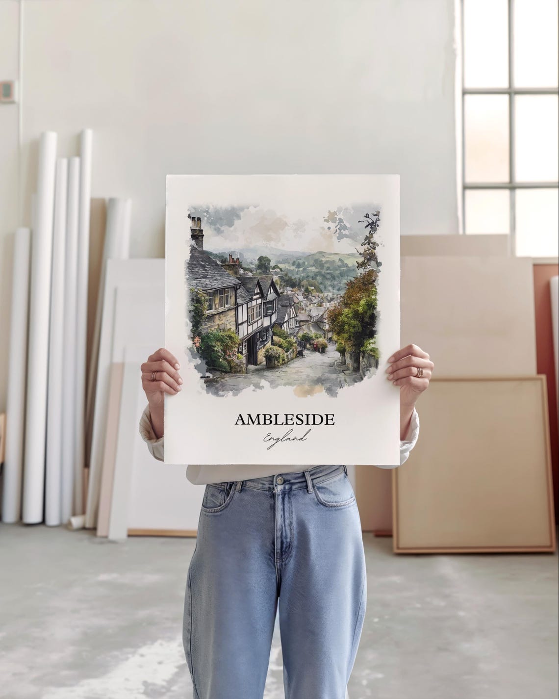 Ambleside England Village Street Watercolor Hillside Travel Art Poster - Image 3