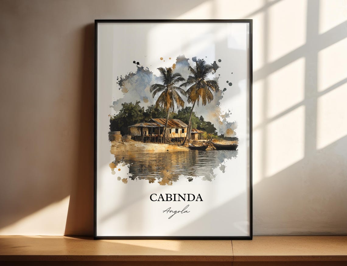 Cabinda Angola Watercolor Riverside Palm Trees Travel Art Poster
