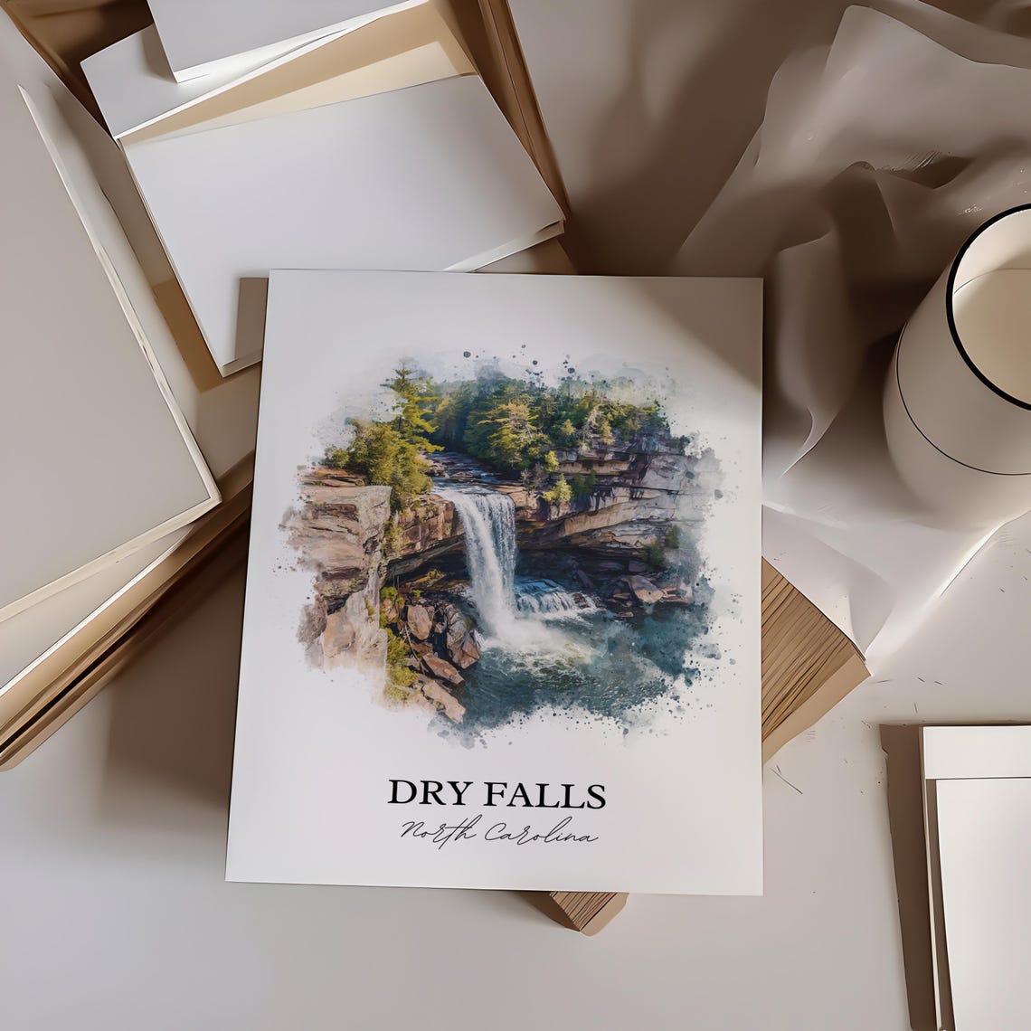 Dry Falls North Carolina Cliff Overhang Cascade Watercolor Poster - Image 2