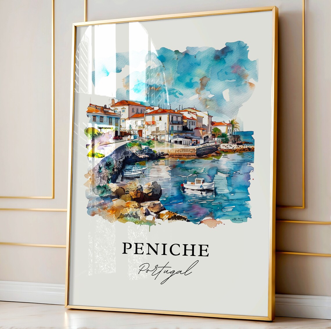 Peniche Portugal Fishing Harbor Town Watercolor Travel Poster - Image 4