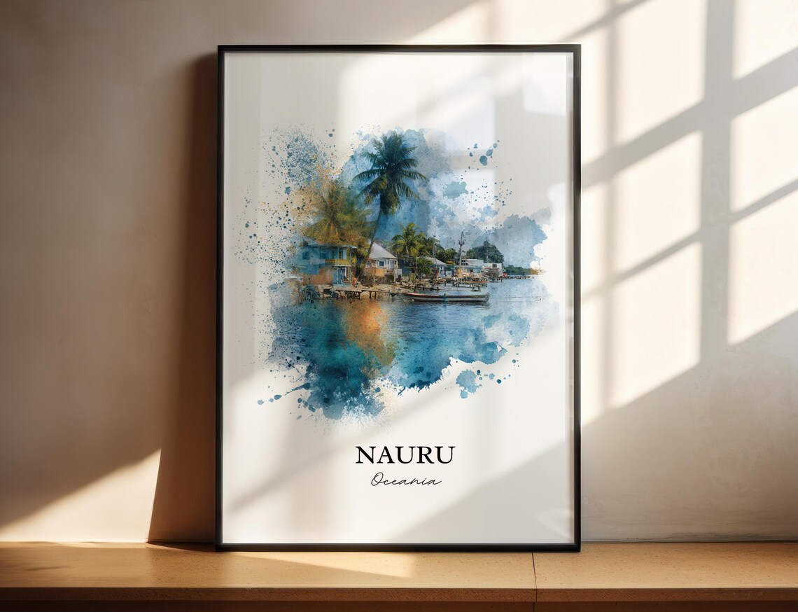Nauru Oceania Palm Waterfront Boats Village Watercolor Travel Poster