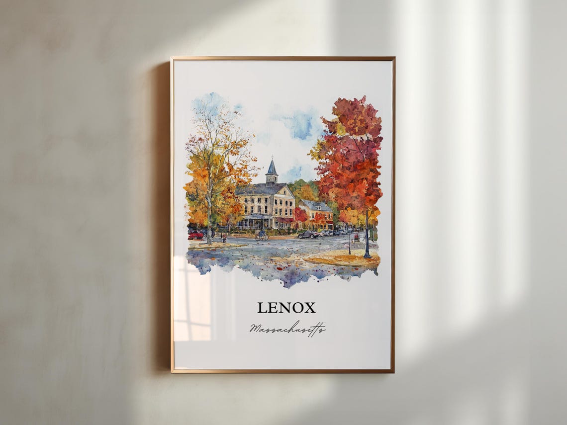 Lenox Massachusetts Watercolor Fall Town Square Scene Poster - Image 4