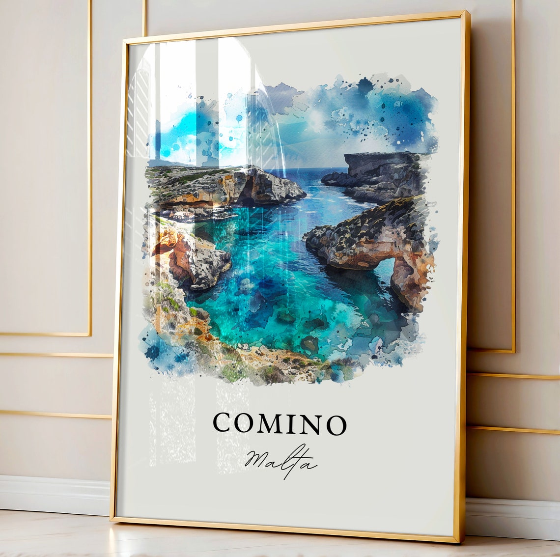 Comino Malta Turquoise Lagoon Cove Island Watercolor Travel Poster - Image 4